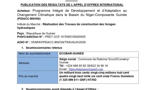 Guinée : le PIDACC-BN officialise l’attribution de nouveaux forages