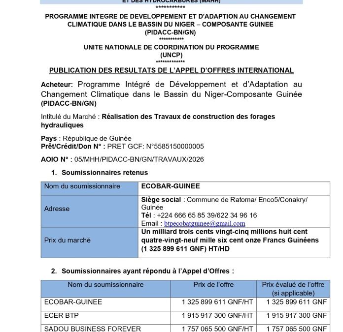 Guinée : le PIDACC-BN officialise l’attribution de nouveaux forages